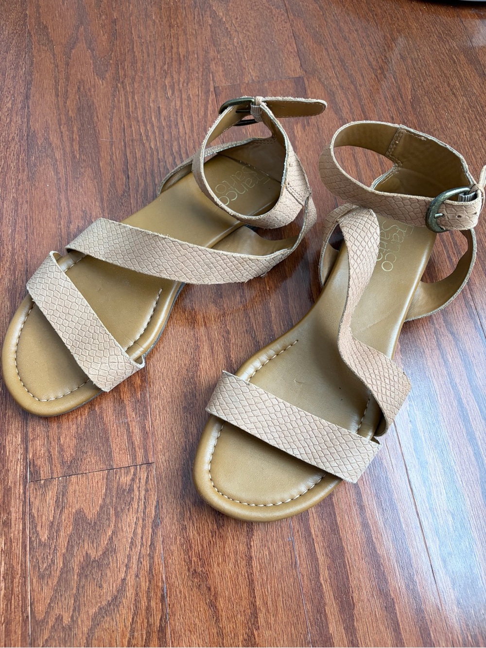 Franco Sarto Gustar Neutral Tan Crisscross Ankle-Strap Sandals, size 8